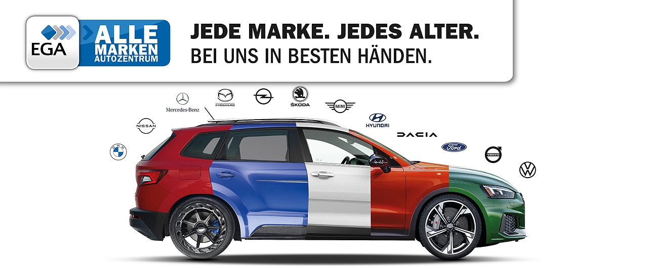 Ein aus 5 unterschiedlichen Fahrzeugen bestehender bunter PKW in der Seitenansicht, im Hintergrund diverse Markenlogos um die Mehrmarkenkompetenz zu zeigen, darüber das EGA-Logo "Alle Marken Autozentrum" und der Schriftzug "Jede Marke, jedes Alter. Bei uns